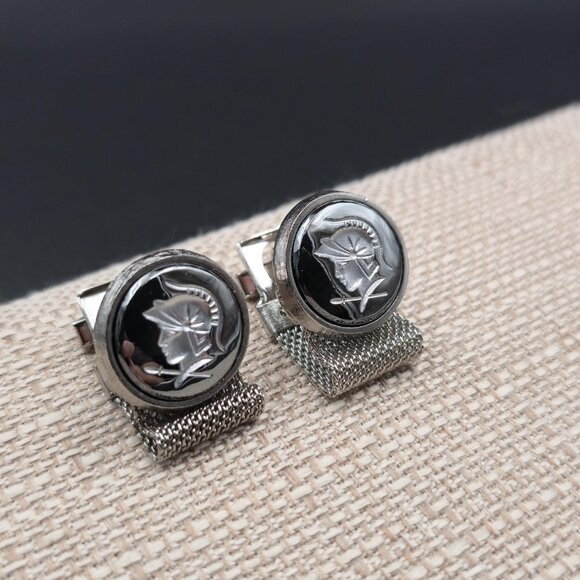 Carved Hematite Roman Soldier's Head Cameo Cuff Links Vintage B846 - Picture 2 of 6